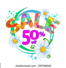 round poster and labels for summer discounts 50  percent with Stains, ribbons, green leaves and chamomile