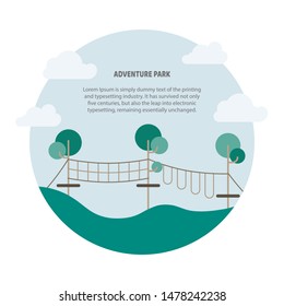 Round poster of rope park. Vector illustration of child tourism, adventure, travel