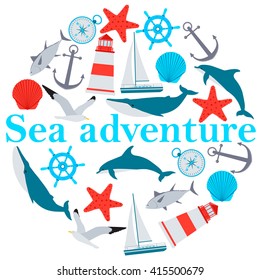 Round Poster sea adventure. Ship, anchor and fish. Vector illustration