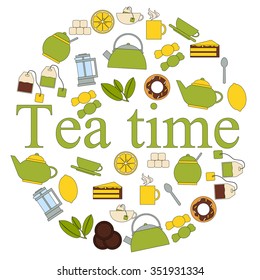 Round Poster Tea Time. Flat line design. Vector illustration