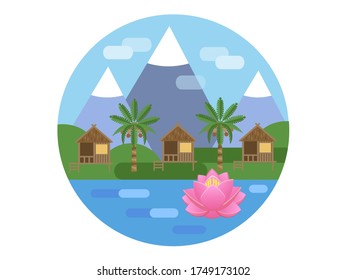 Afiche redondo Fin de semana tropical Bungalow oceánico, palmeras y montañas al fondo, paisaje tropical Viaje a Asia Concepto Vector ilustración