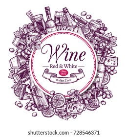 Round poster wine collection for presentation alcohol product. Banner with sample text decorated handdrawn engraving sketch illustration for bars, restaurants, pubs, shops and themed sites and apps