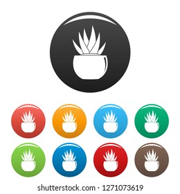 Round pot aloe icons set 9 color vector isolated on white for any design