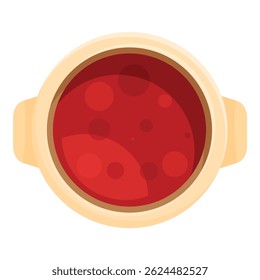 Round pot containing steaming red tomato soup, viewed from above, concept for cooking or food