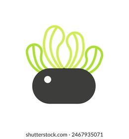 Round pot with plant leaves for interior decoration, black and green line icon vector illustration