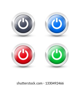 Round power buttons with metallic silver border. Vector start button icons isolated on white background.