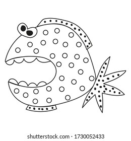 Round predatory fish with polka dots. Coloring book page. The development of motor skills.