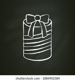 Round present chalk icon. Gift box with bow ribbon. Holiday congratulation, surprise concept. Holiday offer. Christmas, new year, birthday celebration. Isolated vector illustration on chalkboard