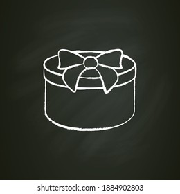 Round present chalk icon. Gift box with bow ribbon. Holiday congratulation, surprise concept. Holiday offer. Christmas, new year, birthday celebration. Isolated vector illustration on chalkboard