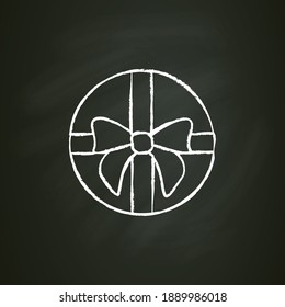 Round present chalk icon. Gift box with bow ribbon, top view. Holiday congratulation, surprise concept. Holiday offer. Christmas, new year, birthday. Isolated vector illustration on chalkboard