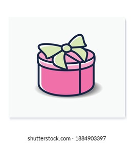 Runde das aktuelle Farbsymbol. Geschenkbox mit Bugband. Feierliche Gratulation, Überraschungskonzept. Urlaubsangebot. Weihnachten, neues Jahr, Geburtstagsfeier. Einzelne Vektorgrafik