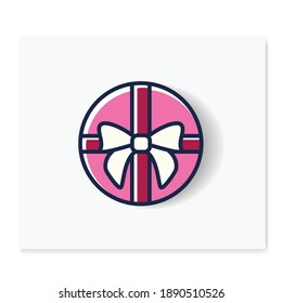 Icono redondear el color actual. Caja de regalo con cinta de arco, vista superior. Felicitaciones de vacaciones, concepto sorpresa. Oferta de vacaciones. Navidad, año nuevo, cumpleaños. Ilustración vectorial aislada