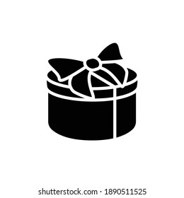Round present glyph icon. Gift box with bow ribbon filled flat sign. Holiday congratulation, surprise concept. Holiday offer. Christmas, new year, birthday. Isolated silhouette vector illustration