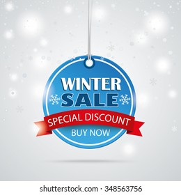 Round price sticker with bokeh and snowlfakes for winter sale. Eps 10 vector file.