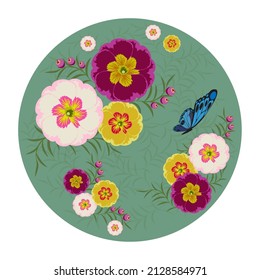 Runde Blumenzusammensetzung mit blauem Schmetterling. Grüner Hintergrund. Helle Sommerfarben. Vektorgrafik
