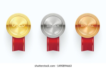 Round prize medals realistic vector illustrations set. Gold, silver and bronze trophy for first, second and third places. Championship win, contest victory symbols. Winner, champion attributes