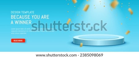 Round product 3d podium on bright blue background. Sale horizontal banner with red push button. Falling gold, yellow confetti. Retail circle platform. Showroom empty display. Platform for cosmetics. 