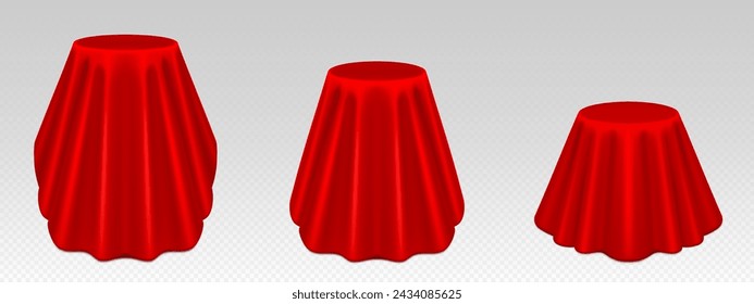 Round product podium or table covered with red curtain. Realistic vector set of silk cloth drapery on box for unveil surprise or presentation and display platform. Silk blanket hide pedestal.