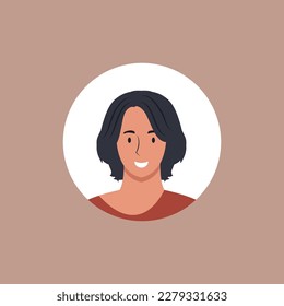Round profile image of woman avatar for social networks. Fashion, beauty, blue and black. Bright vector illustration in trendy style.