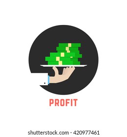 round profit logo with hand. concept of human charity, capital on dish, exchange, salary, dividends, budget, bill, successful. flat style trend modern design vector illustration on white background