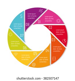 Round progress steps for tutorial. 8 options isolated infographic banner. Circular workflow layout. Number banner template for diagram, presentation or chart. Business concept sequence banner. 