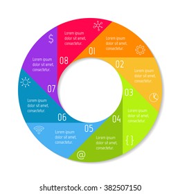 Round progress steps for tutorial. 8 options isolated infographic banner. Circular workflow layout. Number banner template for diagram, presentation or chart. Business concept sequence banner. 