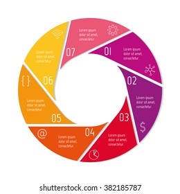 Round progress steps for tutorial. Seven options isolated infographic banner. Circular workflow layout. Number banner template for diagram, presentation or chart. Business concept sequence banner. 