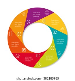 Round progress steps for tutorial. Seven options isolated infographic banner. Circular workflow layout. Number banner template for diagram, presentation or chart. Business concept sequence banner.