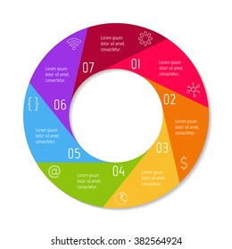 Round progress steps for tutorial. Seven options isolated infographic banner. Circular workflow layout. Number banner template for diagram, presentation or chart. Business concept sequence banner.