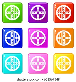 Round protective shield icons of 9 color set isolated vector illustration