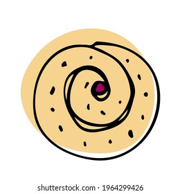 Runder Puff mit Marmelade. Süßes Gebäck mit Gebäck. Frisch gebackenes holländisches Gebäck. Hausgemachtes Backen. Handgezeichnete Skizze für Menü, Café, Restaurant, Poster, Banner, Emblem, Aufkleber, Plakat.