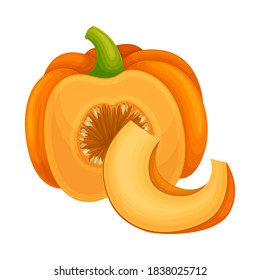 Round Pumpkin with Cut Section Showing Seeds and Pulp Vector Illustration