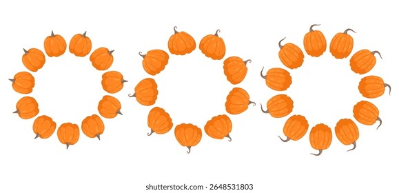 Round pumpkin frame. Autumn frame or border. For packaging, food design. Space for text. Autumn decoration in flat style.