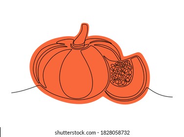 Round pumpkin one line drawing for fruit garden logo identity. Fresh fall organic fruitage concept for orchard icon. Modern single continuous line draw design vector illustration