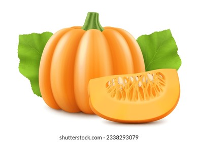 Runder Kürbis und Kürbis einzeln auf weißem Hintergrund. Dekoratives Kunstelement für Thanksgiving, Halloween-Fest-Layout-Design. Helle orangefarbene Früchte. Gemüsemesse. Realistische 3D-Vektorgrafik