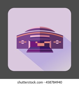 Round purple building icon in flat style on a lilac background