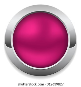 Round purple button with metal border on white background