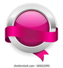 Round purple button with metallic border and ribbon on white background