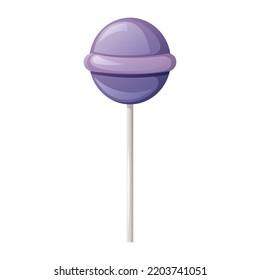 Round purple candy on a stick. Cartoon vector illustration. Christmas and Halloween treat for kids.