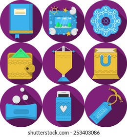 Round purple flat icons vector collection of handmade or handiwork items and gifts in yellow and blue colors on white background. Long shadow design.