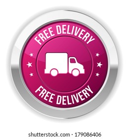 Round purple free delivery button with metallic border