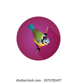 Round purple icon for website, bird on branch, tit, flat style, vector