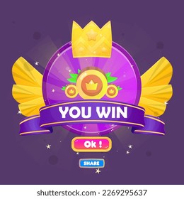 Round Purple Icon Winner You Win Game UI Badge Pop Up Juicy With Stars , Crown , Wings And Coins Cute Fantasy Colorful Vector Design