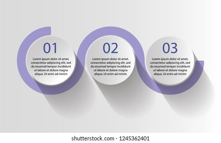 Round purple infographics. Three steps. Vector circles for infographics. Template for chart graph, presentation. Business infographic template with 3 options curve line