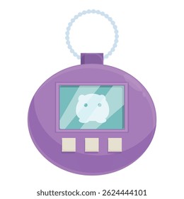 Round purple keychain toy is displaying a white digital pet on its screen