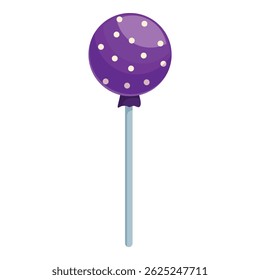 Round purple lollipop with white dots is standing up on a stick on a white background