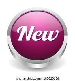 Round purple new button with metallic border on white background