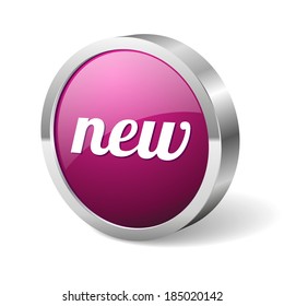 Round purple new button with metallic border on white background