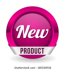 Round purple new product button with metallic ribbon on white background