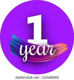 Round purple one year greeting card with spectrum brush stroke. Colorful gradient brush design. Vector paper illustration.
